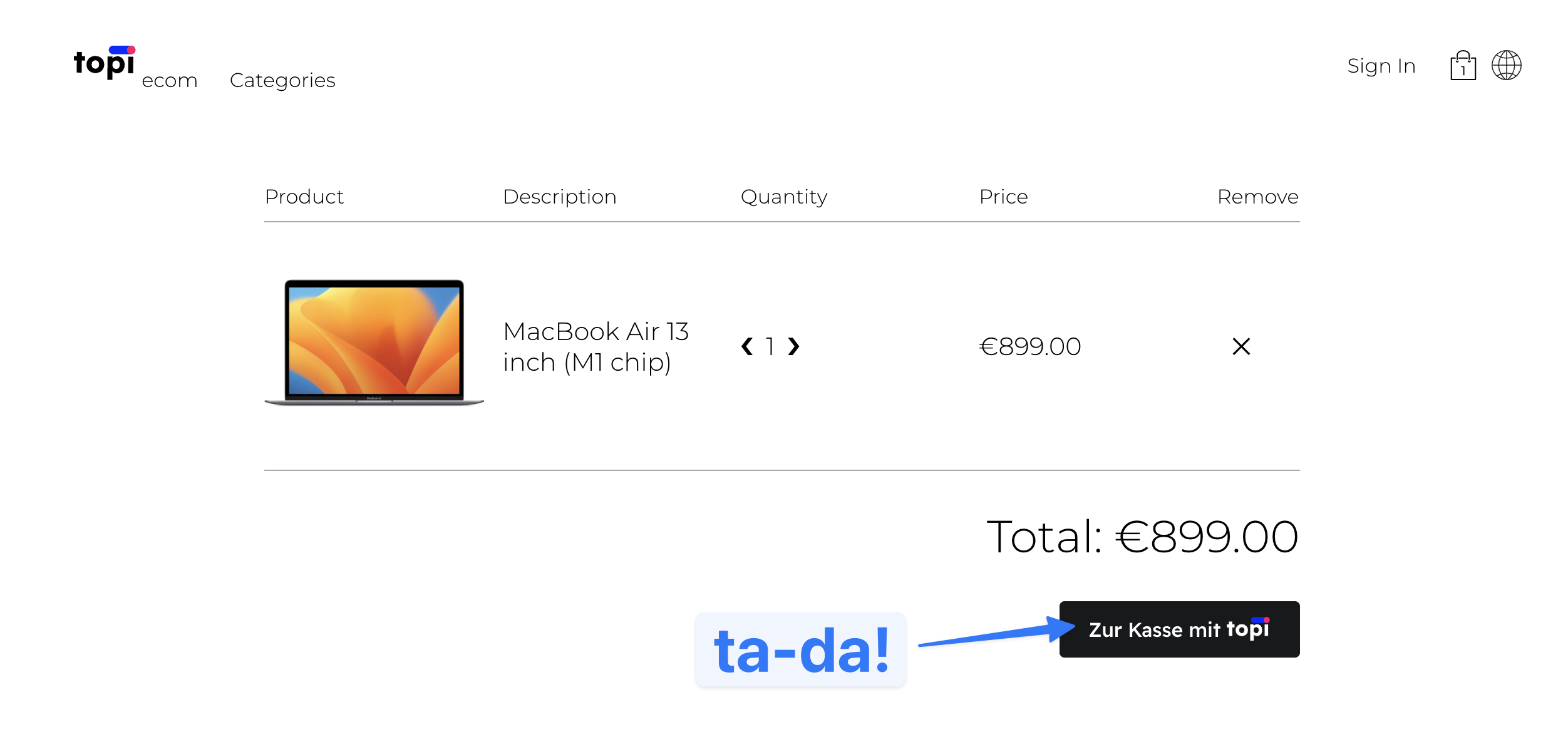 screenshot of topi Checkout Button rendered on the cart page in German