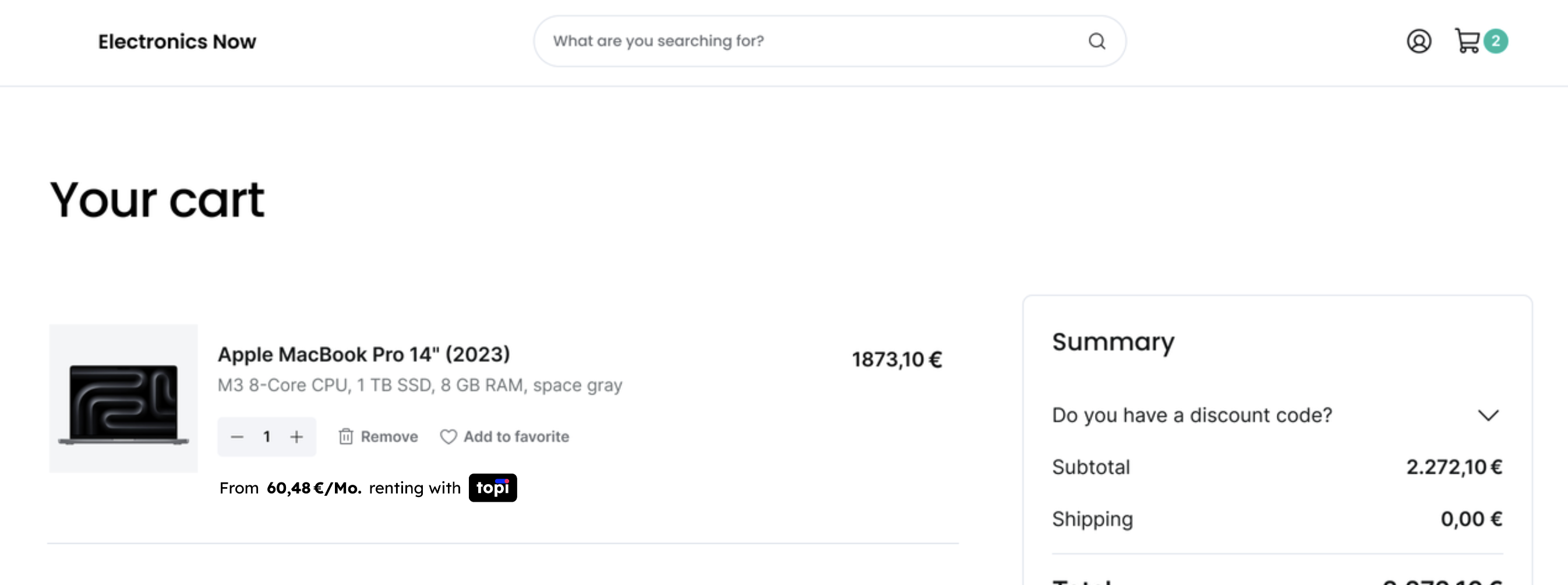 cart rental summary label in product mode
