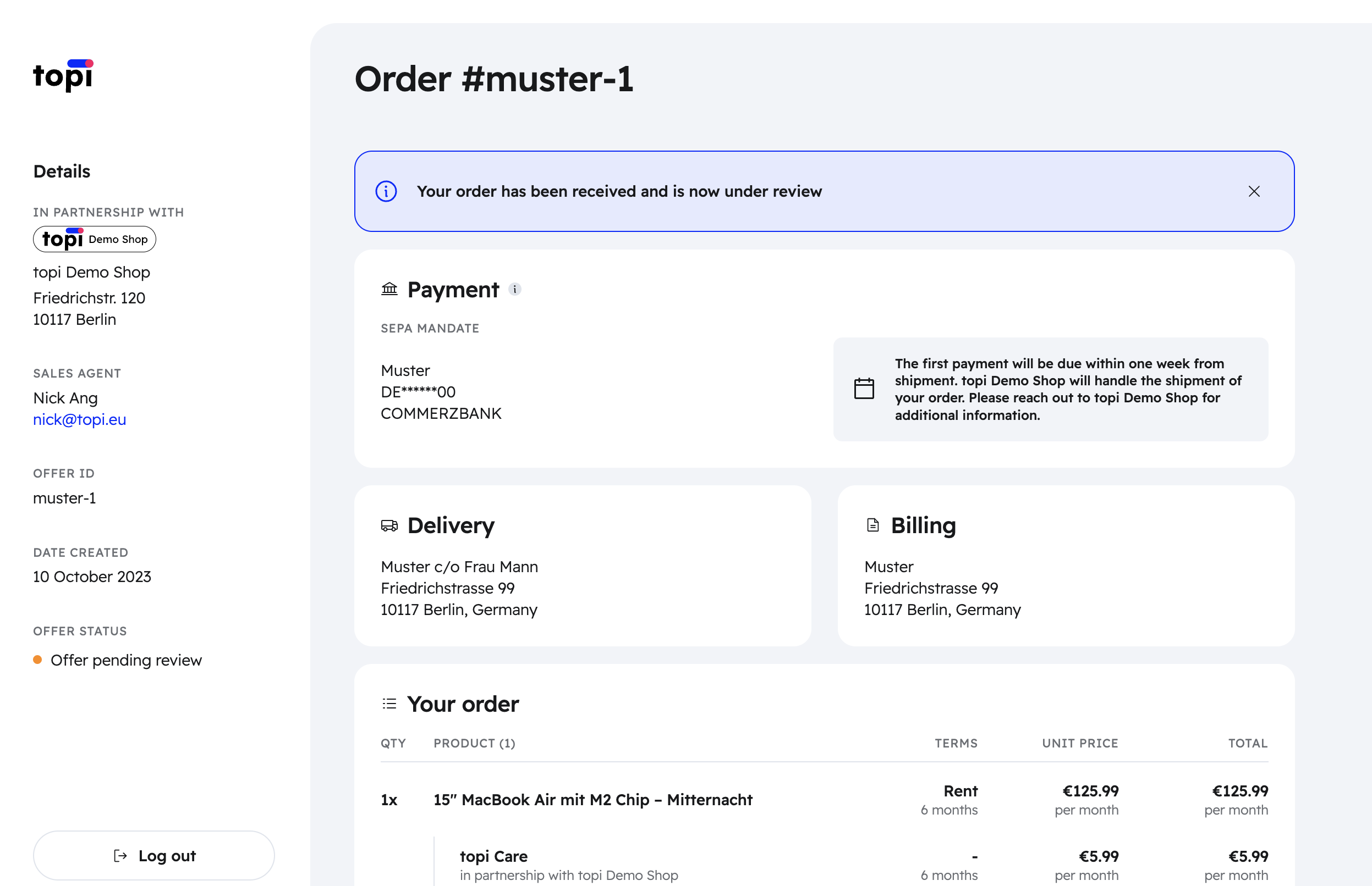 Order placed and is pending review