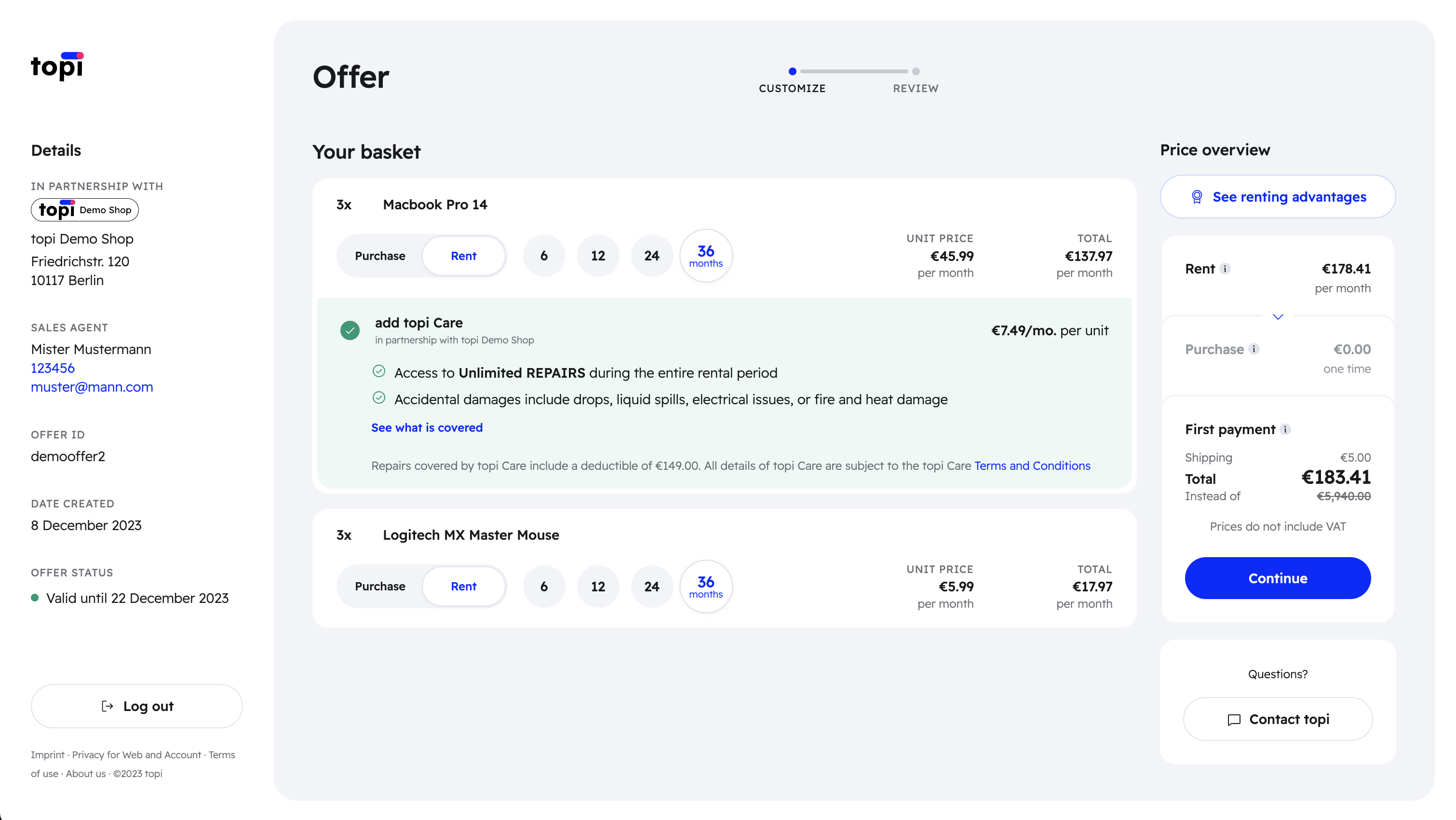 screenshot of topi Hosted Checkout on the customize screen with one offer line