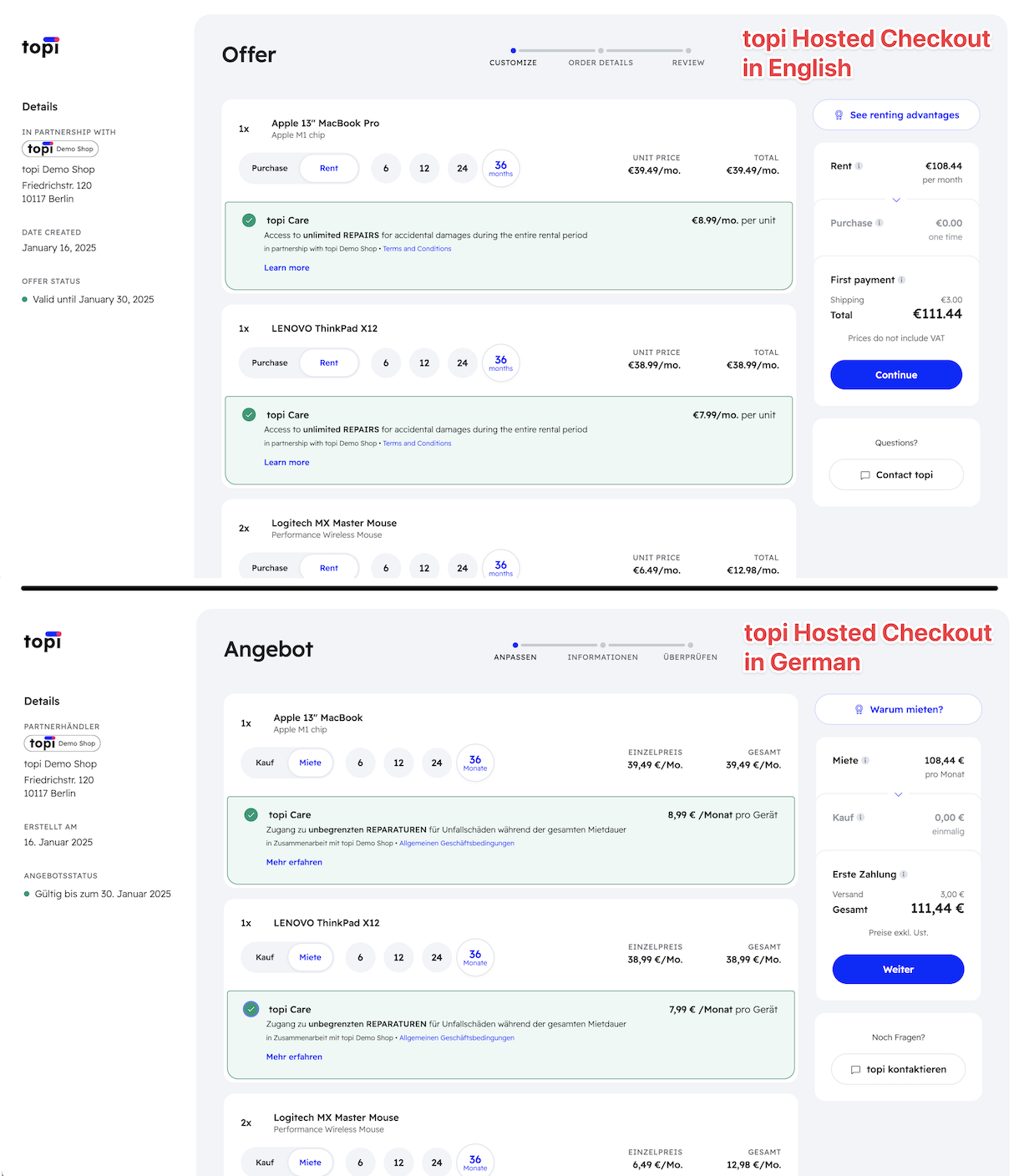 two screenshots of the topi Hosted Checkout, one in German and one in English