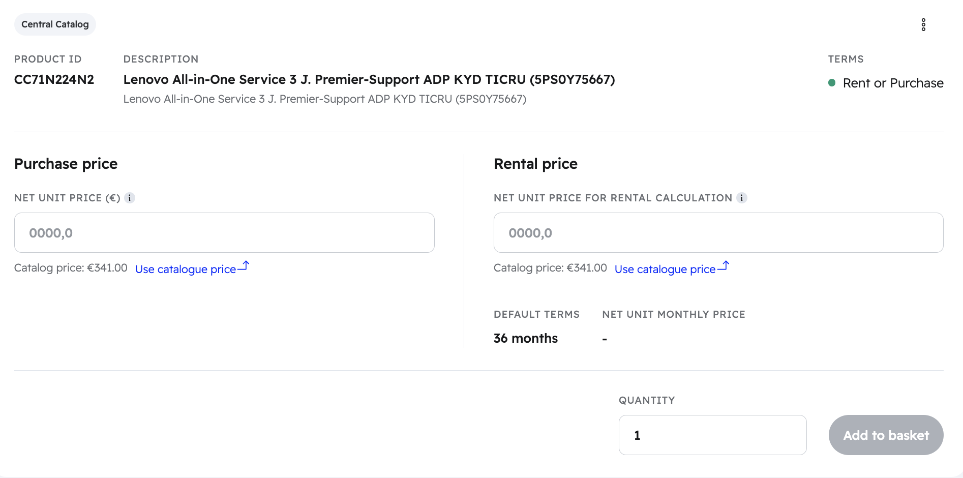 A topi offer with one hardware offer line and one service offer line